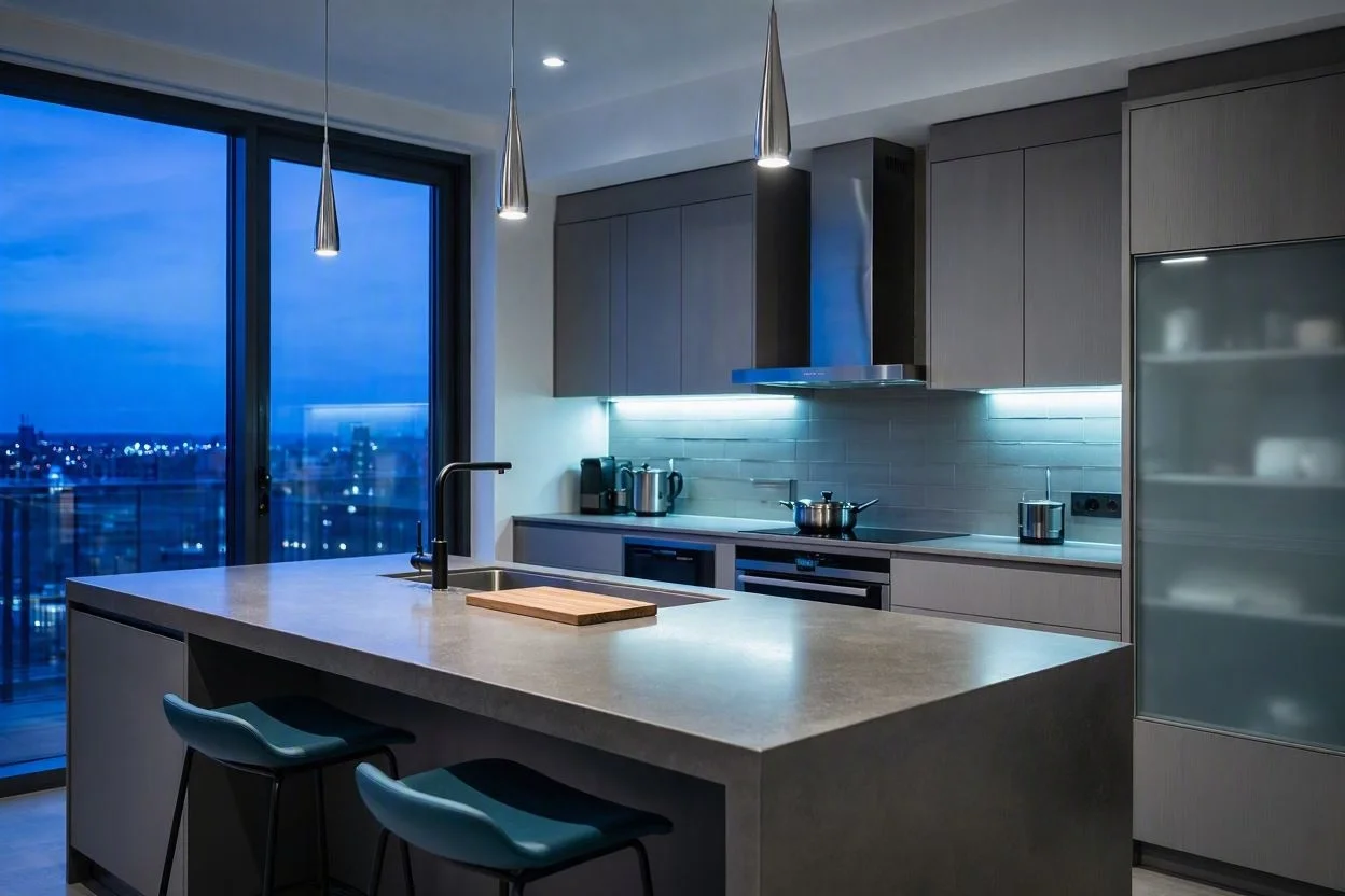A fitted kitchen with the kind of range and cooktop Universal Appliance Repair services from Wolf