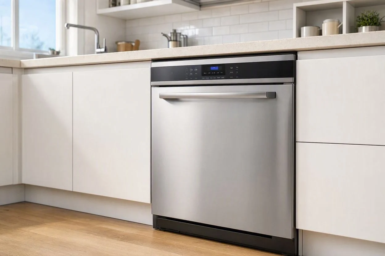 Open dishwasher loaded with clean dishes in a fitted kitchen - Dishwasher Repair by Universal Appliance Repair in Sherman Oaks